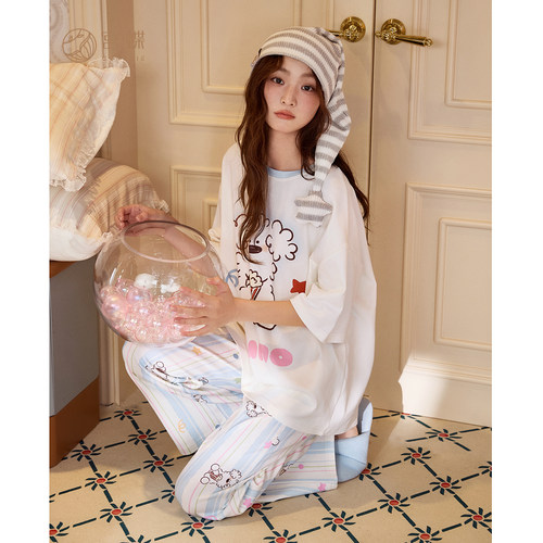 宫蝶【凉感型】miiiiichan少女纯棉短袖睡衣卡通外穿长裤家居服夏