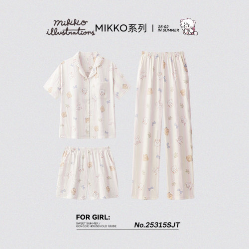 宫蝶【3件套】mikko睡衣女夏季短袖长裤日系ins家居服带胸垫套装