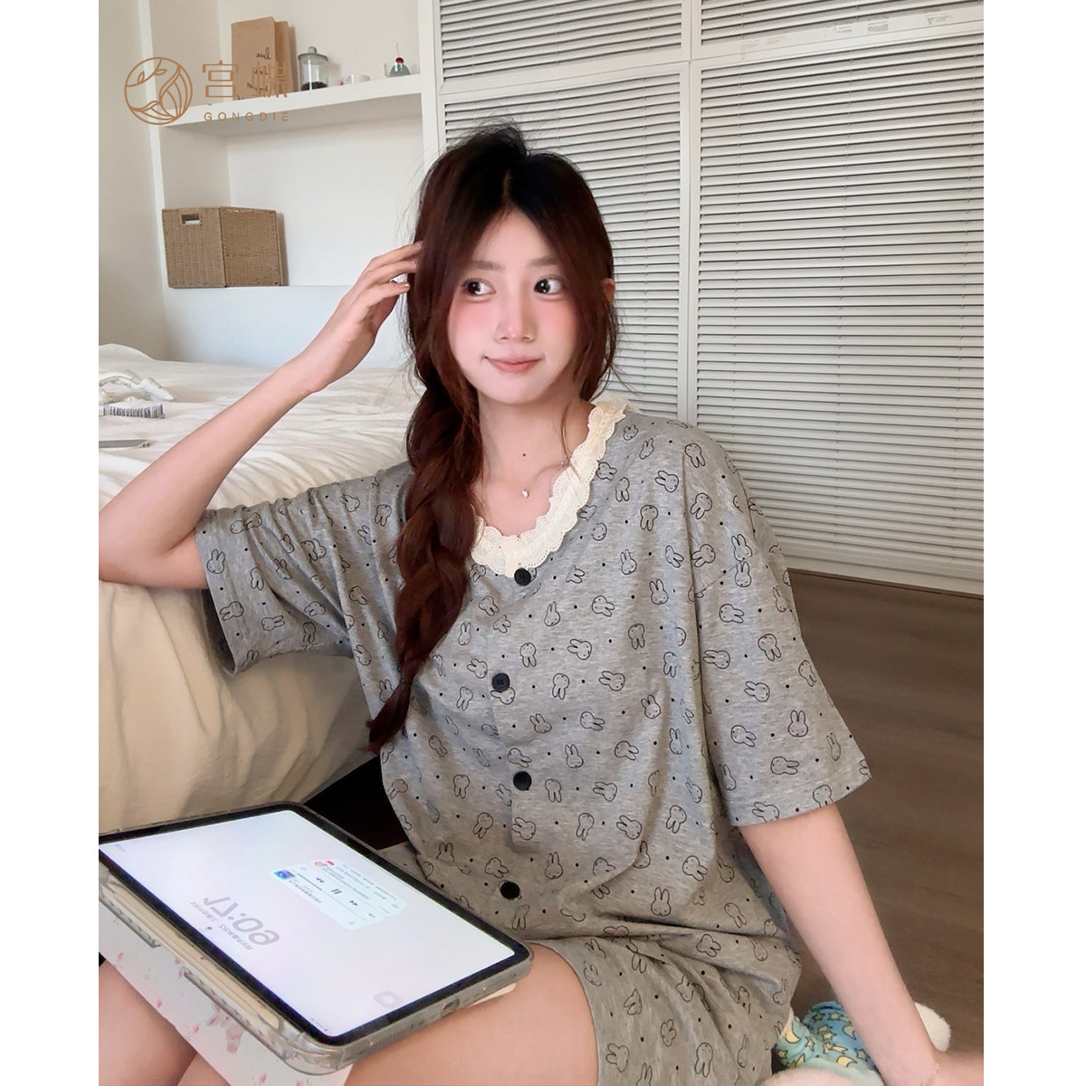 宫蝶【轻柔软】米菲纯棉睡衣女夏季短袖休闲可爱少女家居服可外穿