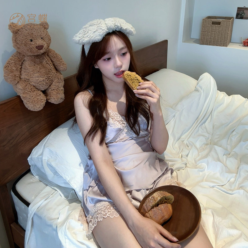 宫蝶【凉感型】夏季女生睡衣冰丝甜美性感蕾丝边吊带家居服带胸垫