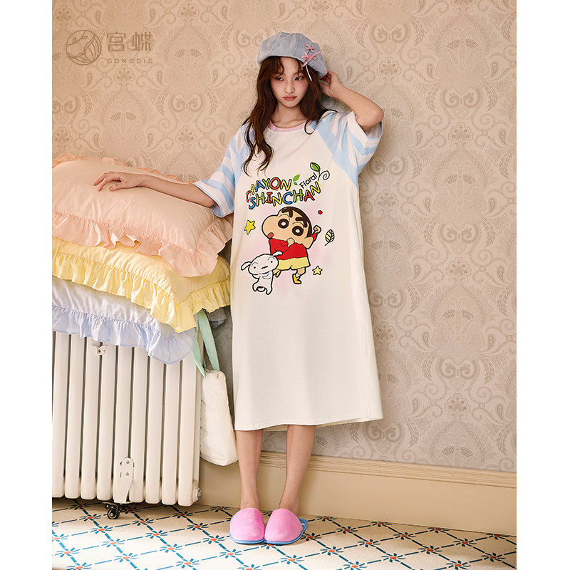 宫蝶【轻柔软】蜡笔小新睡裙女夏季短袖卡通纯棉带胸垫家居服外穿