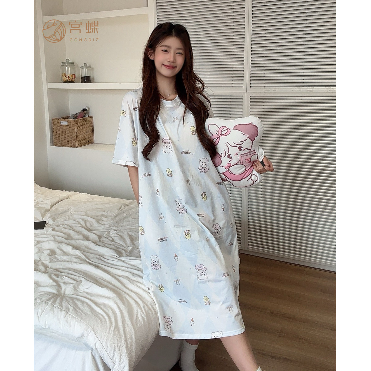 宫蝶【可外穿】mikko夏季睡裙女短袖可爱甜美少女纯棉睡衣家居服