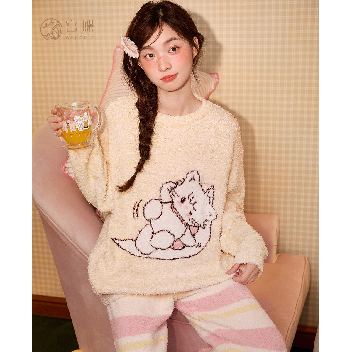 宫蝶【蓄热型】mikko睡衣女防静电秋冬款半边绒加厚软绵绵家居服