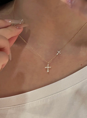 S925纯银满钻双十字架项链女精致轻奢镶锆石高级感百搭锁骨链批发