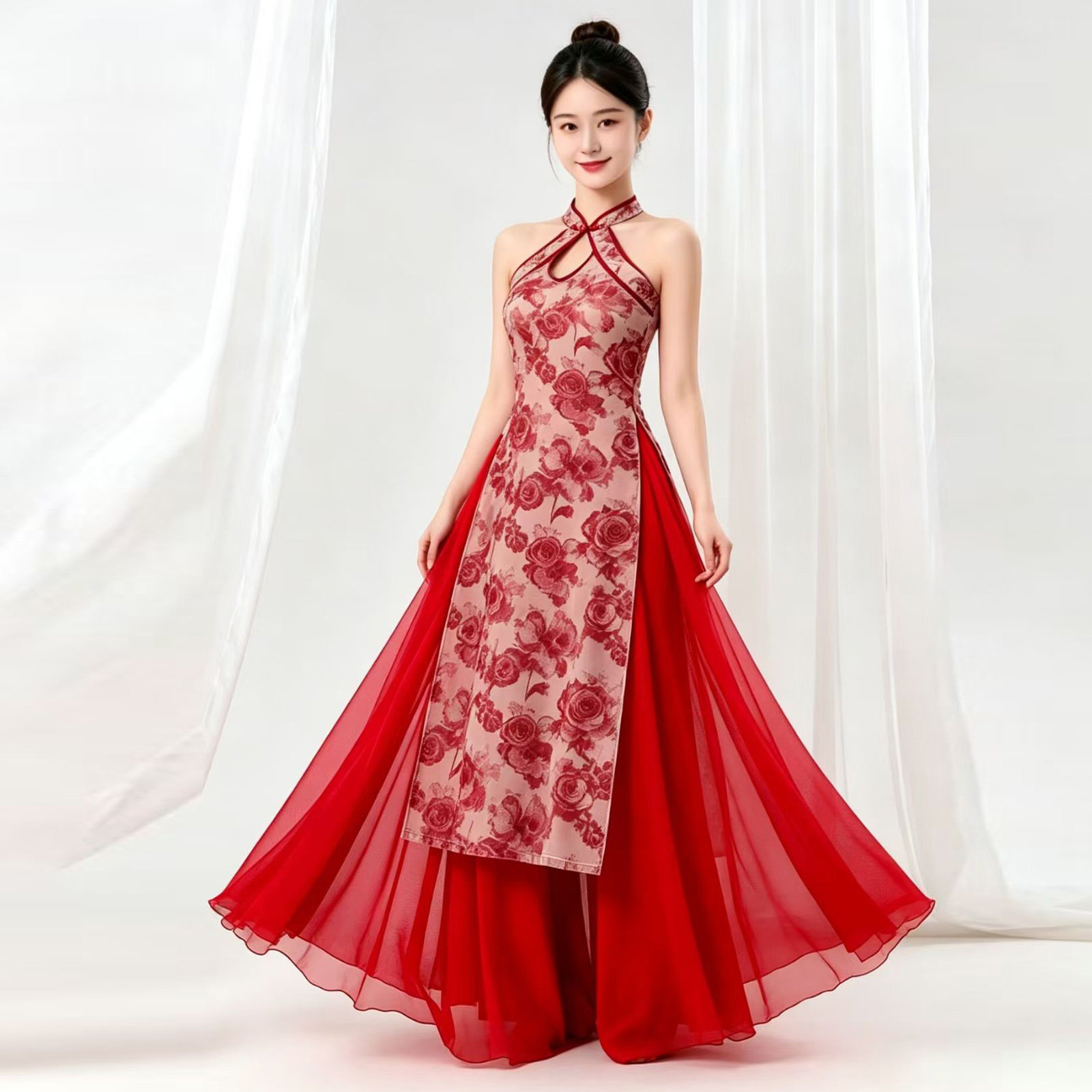 古典舞蹈服女新中式无袖立领印花旗袍练功服显瘦飘逸爵士舞表演服