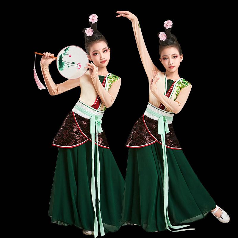 儿童古典汉唐舞蹈服绿罗裙佳茗行折扇演出服中国舞练功服艺考飘逸