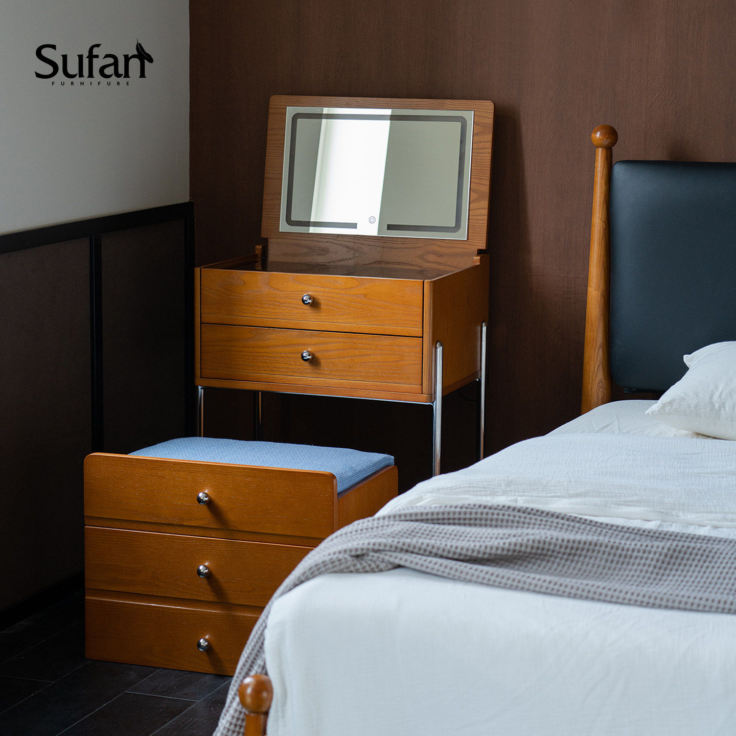 舒梵小新梳妆台/小户型超窄化妆桌中古北欧复古实木床头小柜子