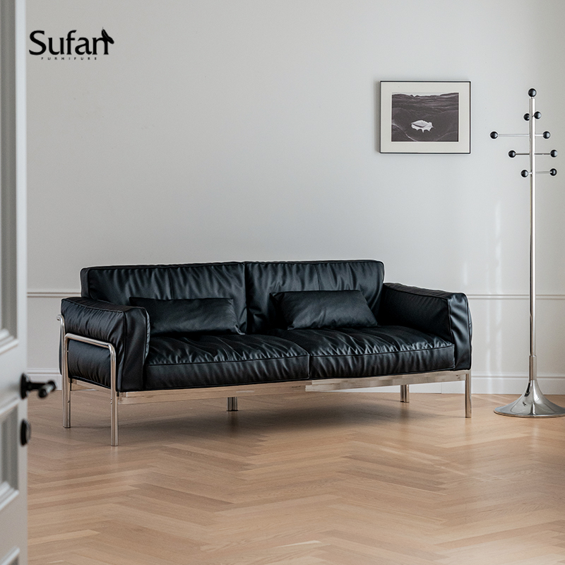舒梵银河沙发/黑色纳帕厚牛皮沙发/中古包豪斯北欧极简直排小户型