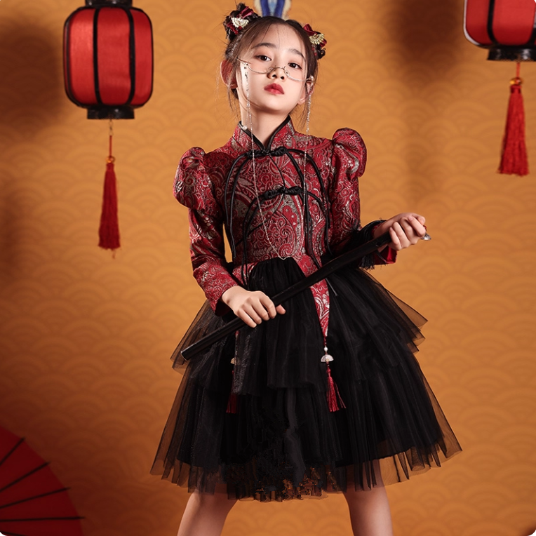 国潮女童旗袍红演出服2025秋冬新中式童装走秀礼服儿童唐装旗袍
