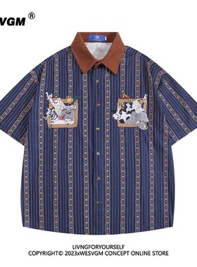 WESVGM复古vintage卡通刺绣竖条纹短袖衬衫男女夏季宽松潮牌衬衣