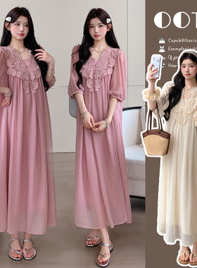 【初韵】2026夏季新品法式v领显瘦蕾丝拼接吊带气质减龄孕妇套装