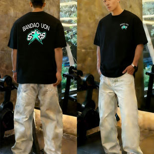 上衣国风圆领体恤衫 白色五角星字母印花纯棉短袖 新款 夏季 t恤男士