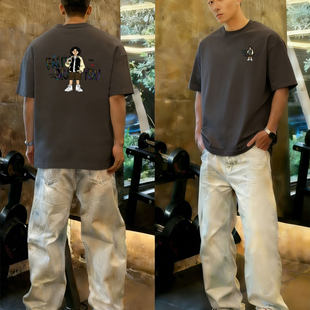 T恤男宽松圆领卡通印花上衣百搭潮男白色体恤衫 夏季 重磅纯棉短袖