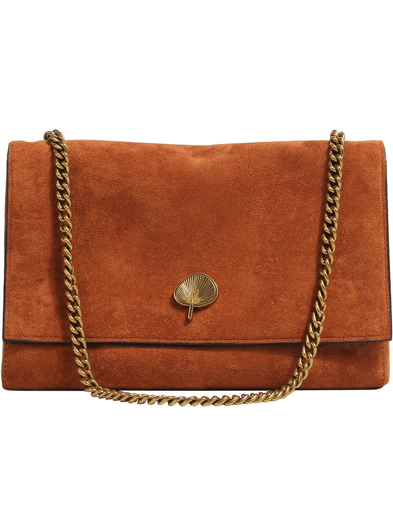 Brown suede chain-strap shoulder bag on white background