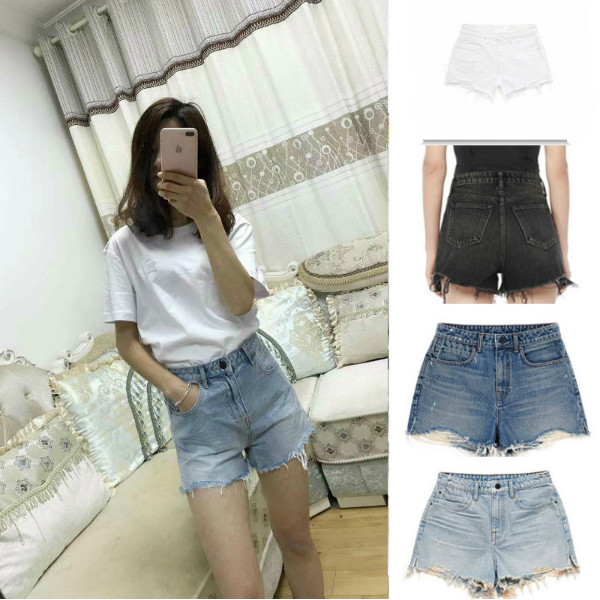 大王高腰毛须边水洗热裤牛仔短裤