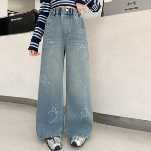 女童牛仔裤春秋2026新款儿童时尚亮闪闪猫咪烫钻中大童洋气阔腿裤