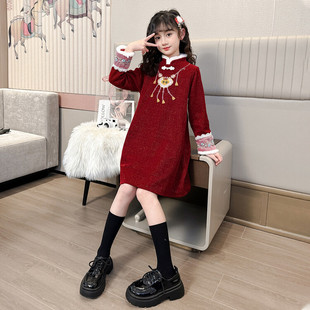 女童连衣裙套装加绒2025新款儿童冬装红色拜年服加厚女孩新年衣服