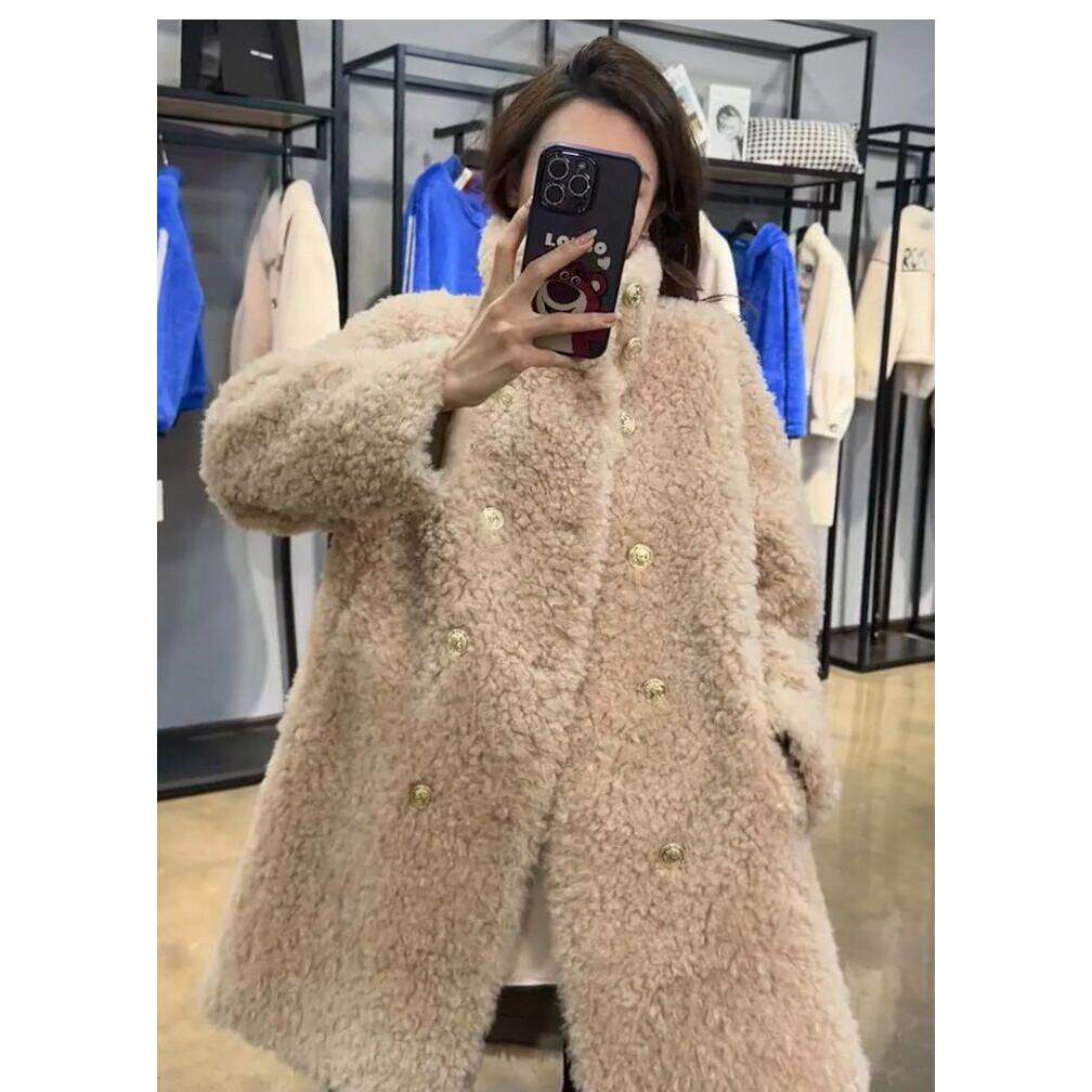 欧美风秋冬立领加厚羊剪绒皮毛一体外套女中长款颗粒绒皮草大衣