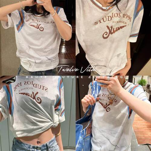 BVKV 5/20 宅女同款26ss1996复古做旧错视印花球衣短袖上衣女
