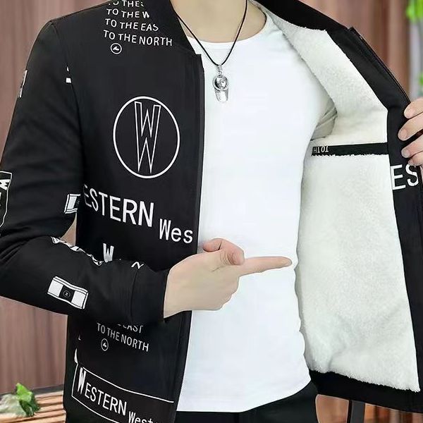 秋冬季男士棉衣外套加绒加厚时尚潮流印花修身休闲百搭青少年夹克