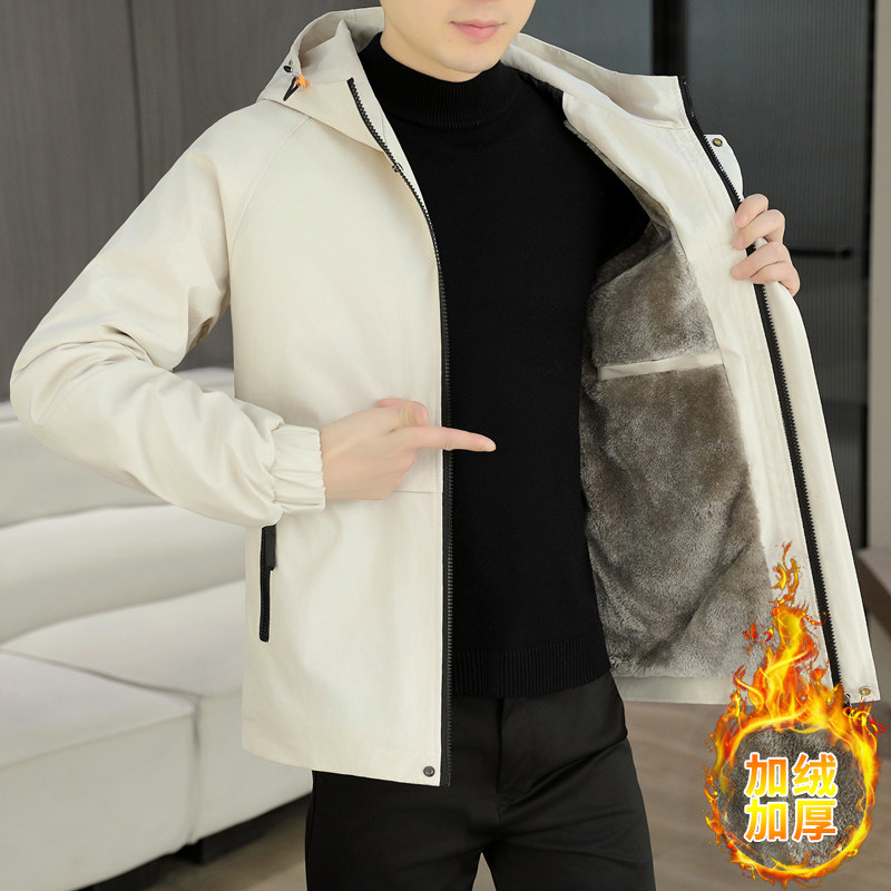男士秋冬季加绒加厚外套潮牌青年连帽休闲时尚百搭纯色保暖夹克男