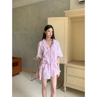 Gardenia 韩版甜美粉色条纹连衣裙女小众设计木耳边拼接V领衬衫裙