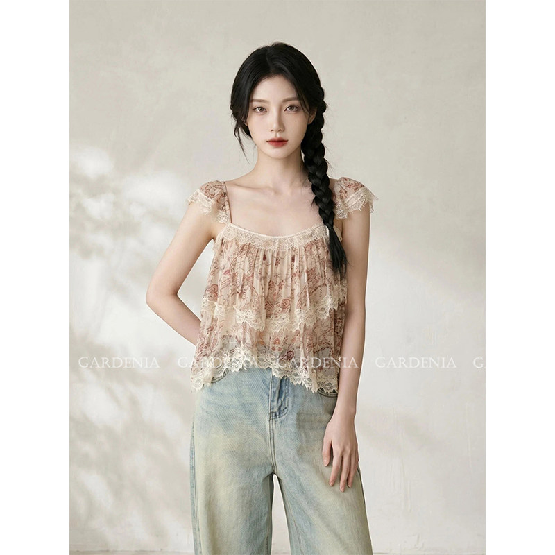 Gardenia 温柔少女风油画印花蕾丝吊带背心女26夏季绝美短款上衣