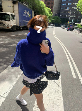 法式蓝色宽松高领长袖针织毛衣