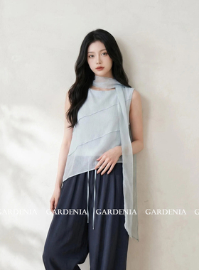 Gardenia 韩系高级感不规则下摆飘带背心女温柔蓝色薄款无袖上衣