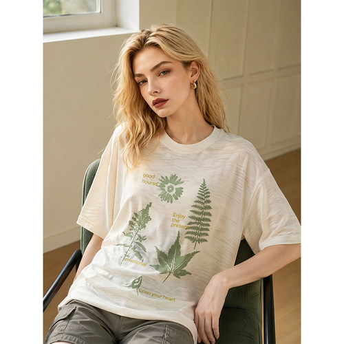 韩系chic宽松植物印花短袖T恤夏