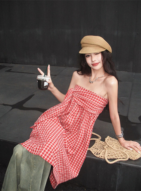 Gardenia 设计感格纹蝴蝶结系带抹胸背心女夏季褶皱修身百搭上衣