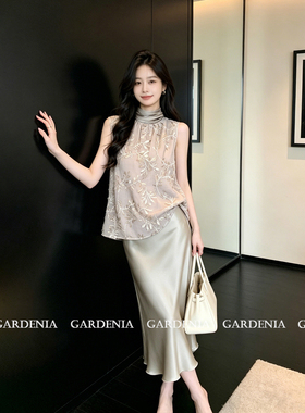Gardenia 优雅新中式刺绣提花绑带无袖上衣女26新款香槟色雪纺衫