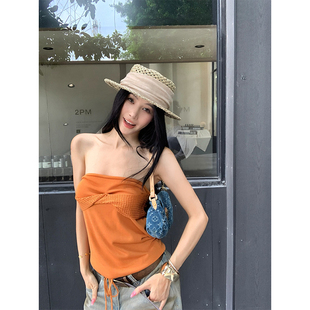 Gardenia 辣妹纽结针织拼接露肩抹胸背心女收腰显瘦内外穿搭上衣