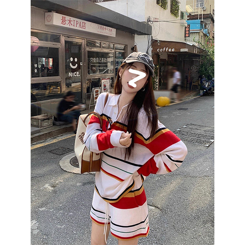 Gardenia 美式学院风条纹Polo领长袖上衣女宽松休闲百搭短裤套装