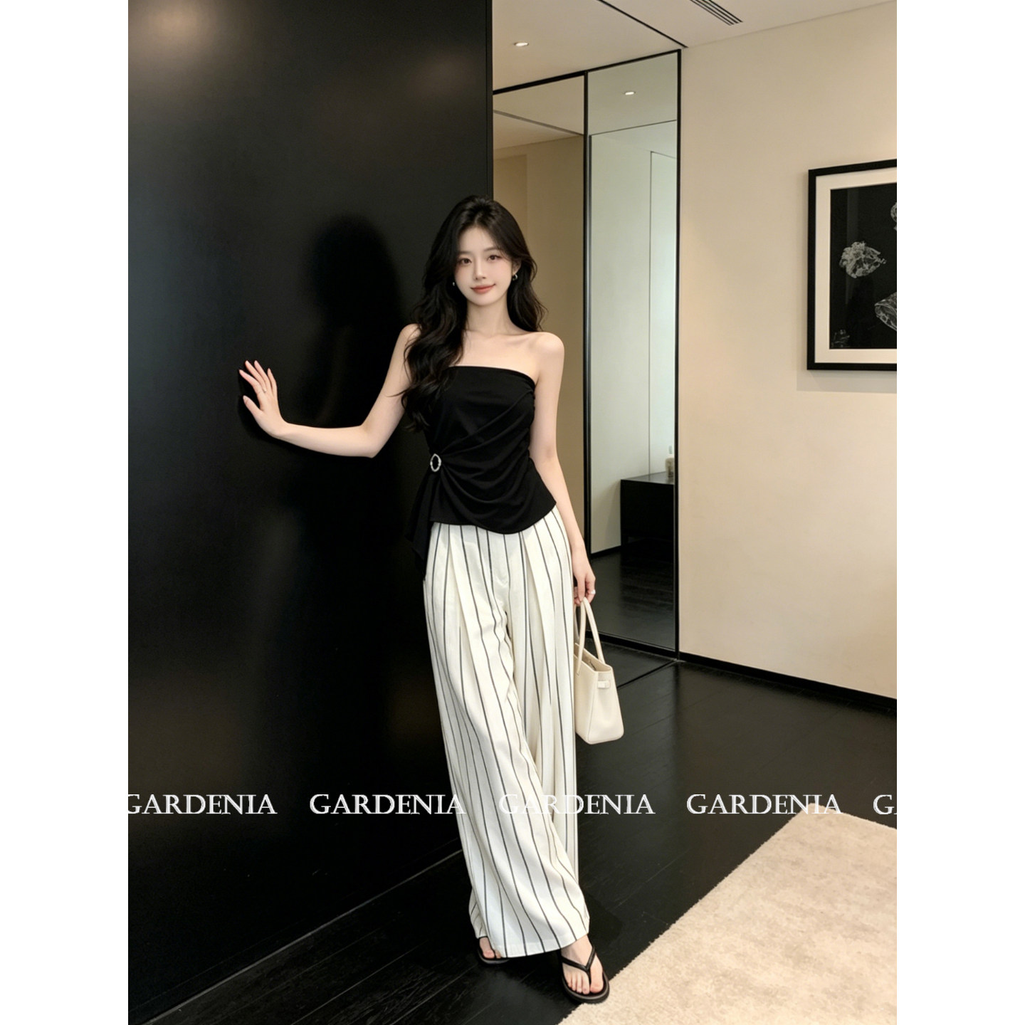 Gardenia 性感慵懒老钱风扭结抹胸背心女新款条纹宽松休闲裤套装