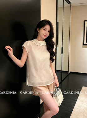 Gardenia 复古新中式花瓣领微透小飞袖上衣女26夏新款百搭宽松T恤