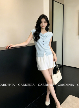 Gardenia 气质极简风蓝色微荡领针织上衣女夏季轻熟法式短袖开衫