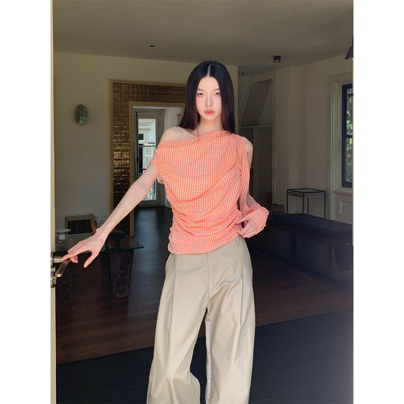 Gardenia 甜辣妹格纹不规则露肩斜领衬衫女小众修身显瘦外搭上衣