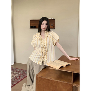 Gardenia 韩系条纹木耳边拼接v领短袖衬衫女宽松休闲显瘦百搭上衣