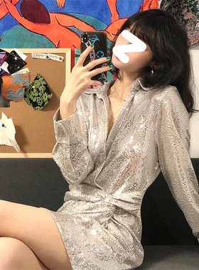 Gardenia 高级感Polo领重工亮片衬衫连衣裙女小众不规则收腰短裙