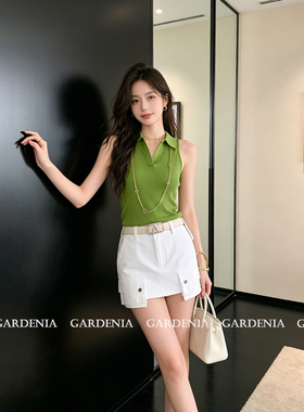 Gardenia 复古简约polo领弹力针织无袖背心女夏季绿色百搭短上衣