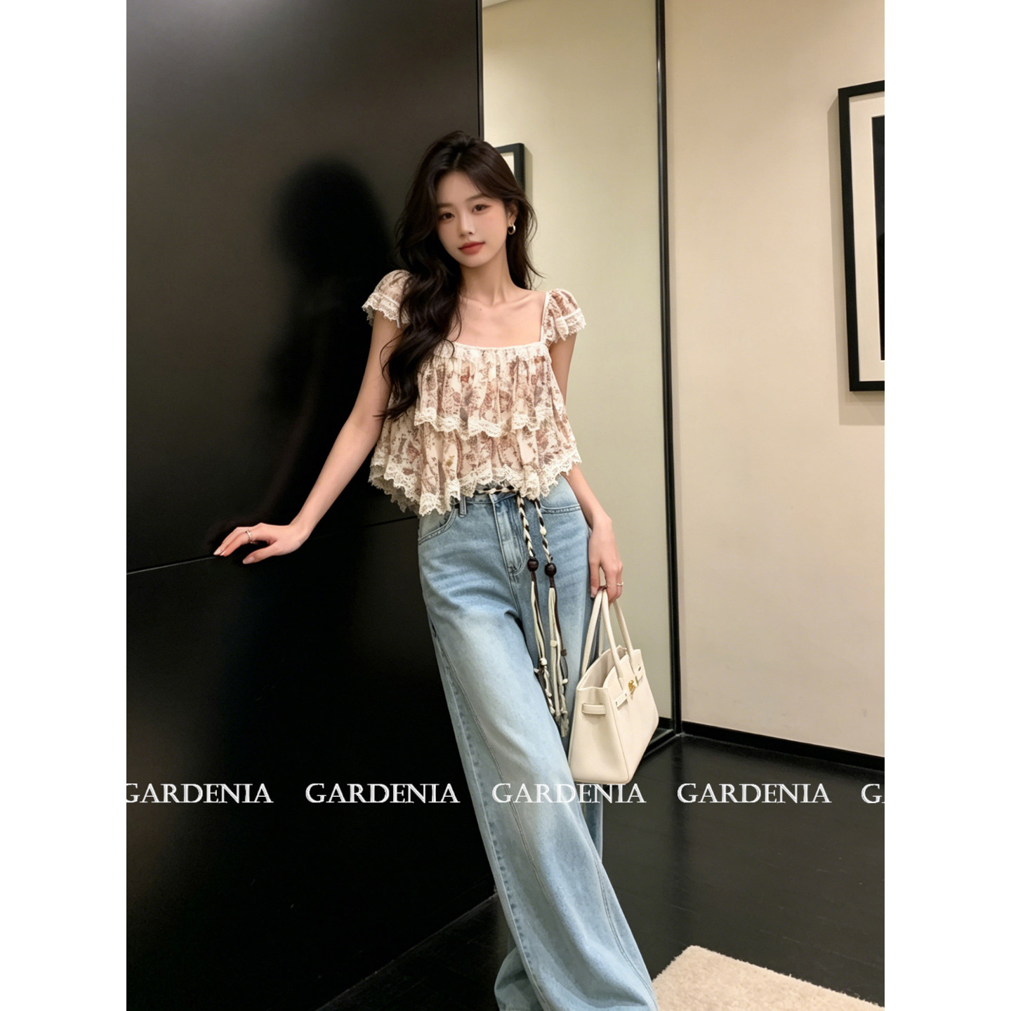 Gardenia 法式浪漫复古蕾丝碎花吊带背心女新款绝美油画印花上衣