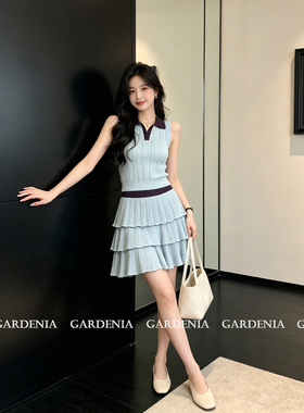 Gardenia 气质学院风蓝色翻领针织背心女复古减龄半身裙穿搭套装