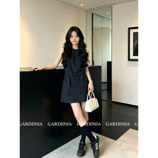 Gardenia 黑色休闲慵懒风工装无袖连衣裙女韩系通勤收腰背心裙子