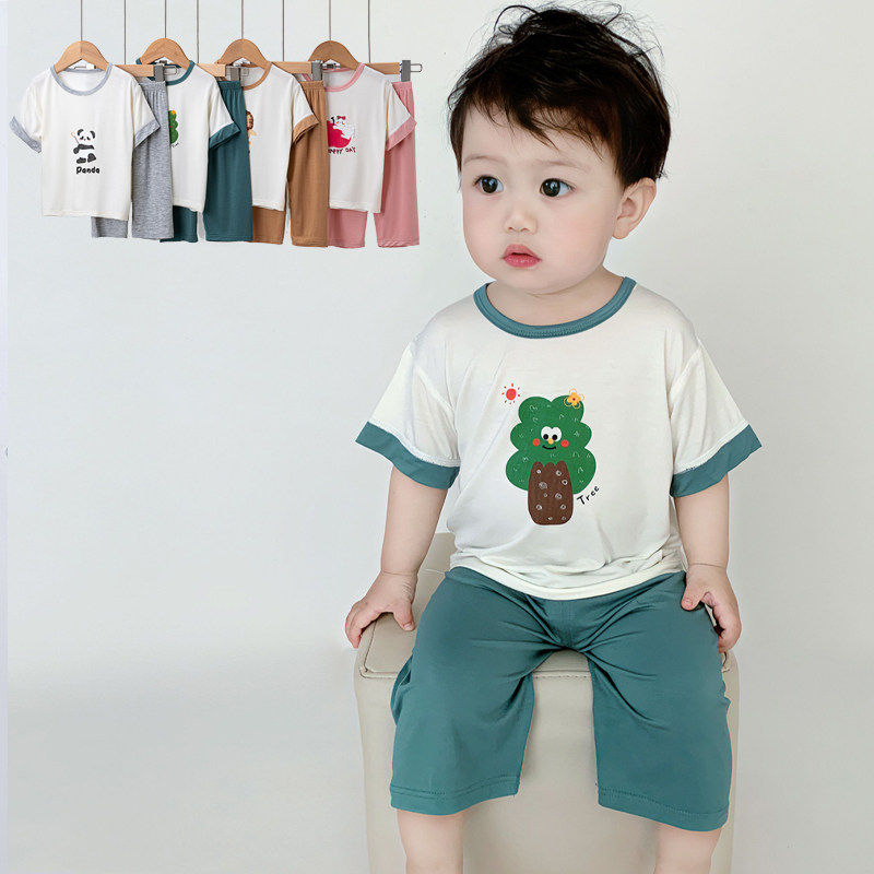 婴儿莫代尔冰丝套装男女宝宝夏季短袖七分裤两件套幼童休闲家居服