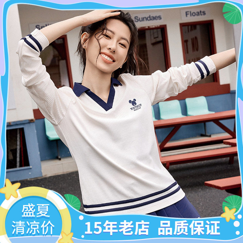 361度女子V领长T恤2025春秋时尚学院风弹力翻领女士卫衣562539102