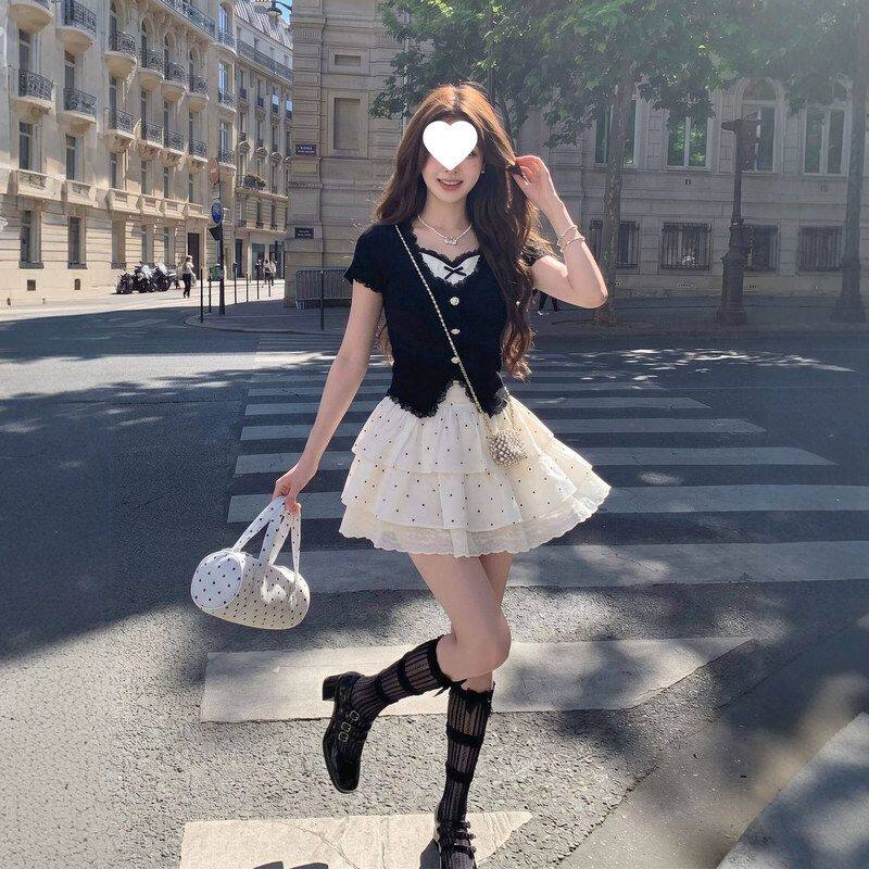 甜美时尚假两件上衣收腰短裙两件套夏季日系软妹t恤蓬蓬裙套装女