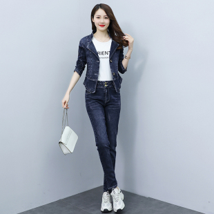2025春季 套装 新款 牛仔裤 女两件套 西装 小脚裤 领牛仔外套女长裤