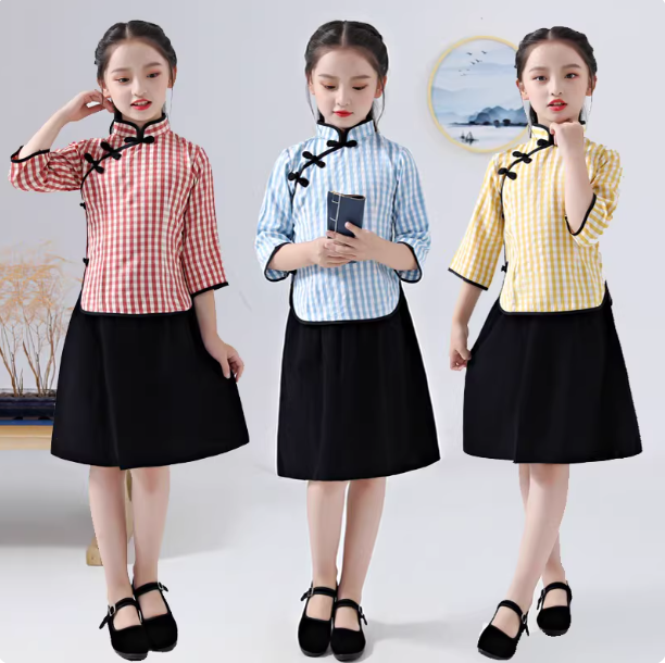 儿童民国风中小学女童大合唱演出服装朗诵运动会表演服五四青年装 - 实物图