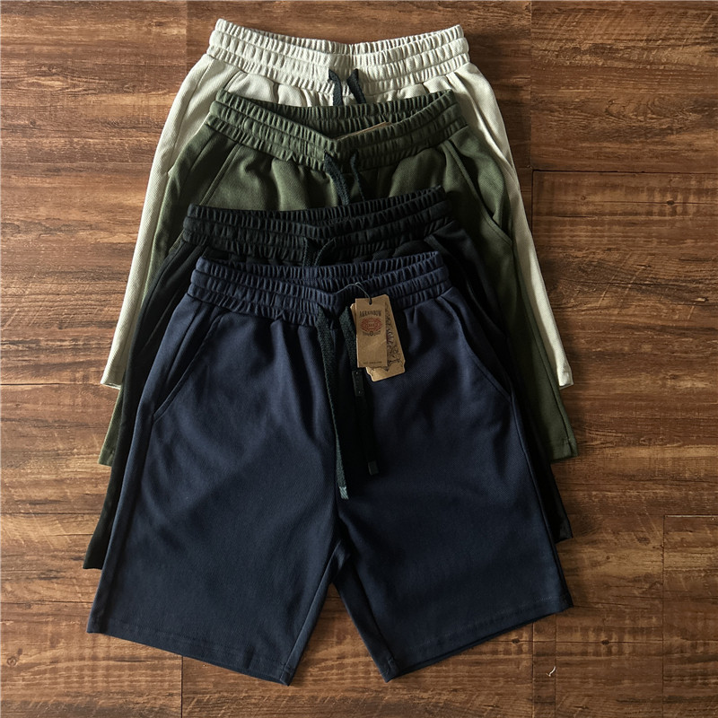 日系男短裤直筒裤修身显瘦抽绳松紧腰五分裤针织水洗棉混纺休闲裤